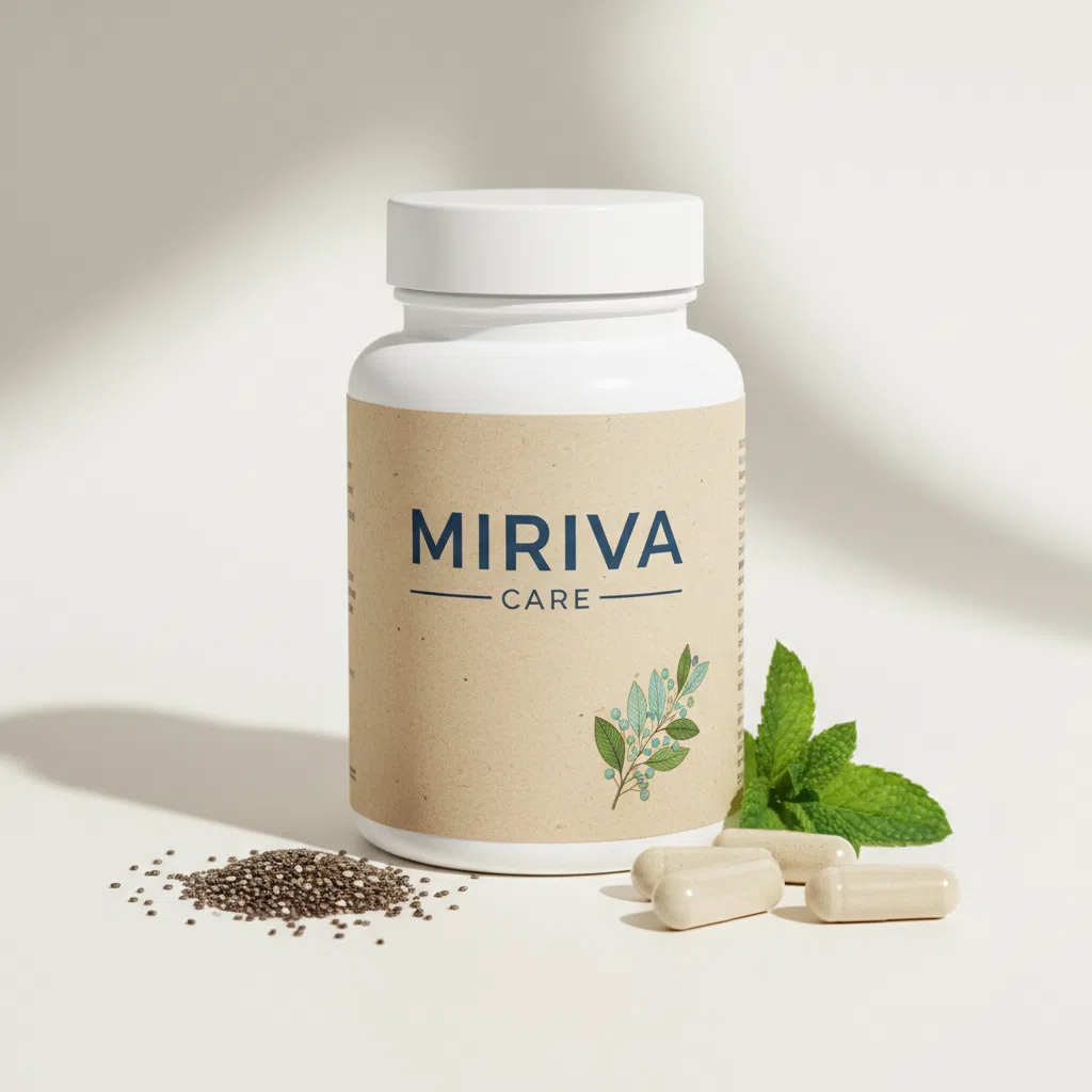 Miriva Care - 90-capsule glass supplement jar with wooden lid and clean white label